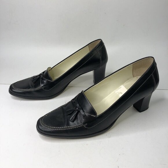Ralph Lauren Black Leather Shoes Size 9 B Heeled Loafers Block Heels Bow Slip On - Picture 2 of 10